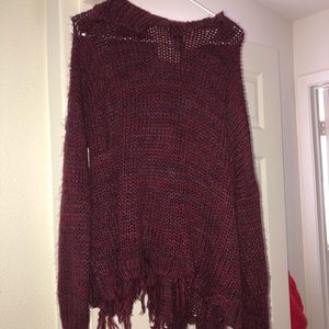 Moon River Distressed Knit Burgandy Sweater NWOT